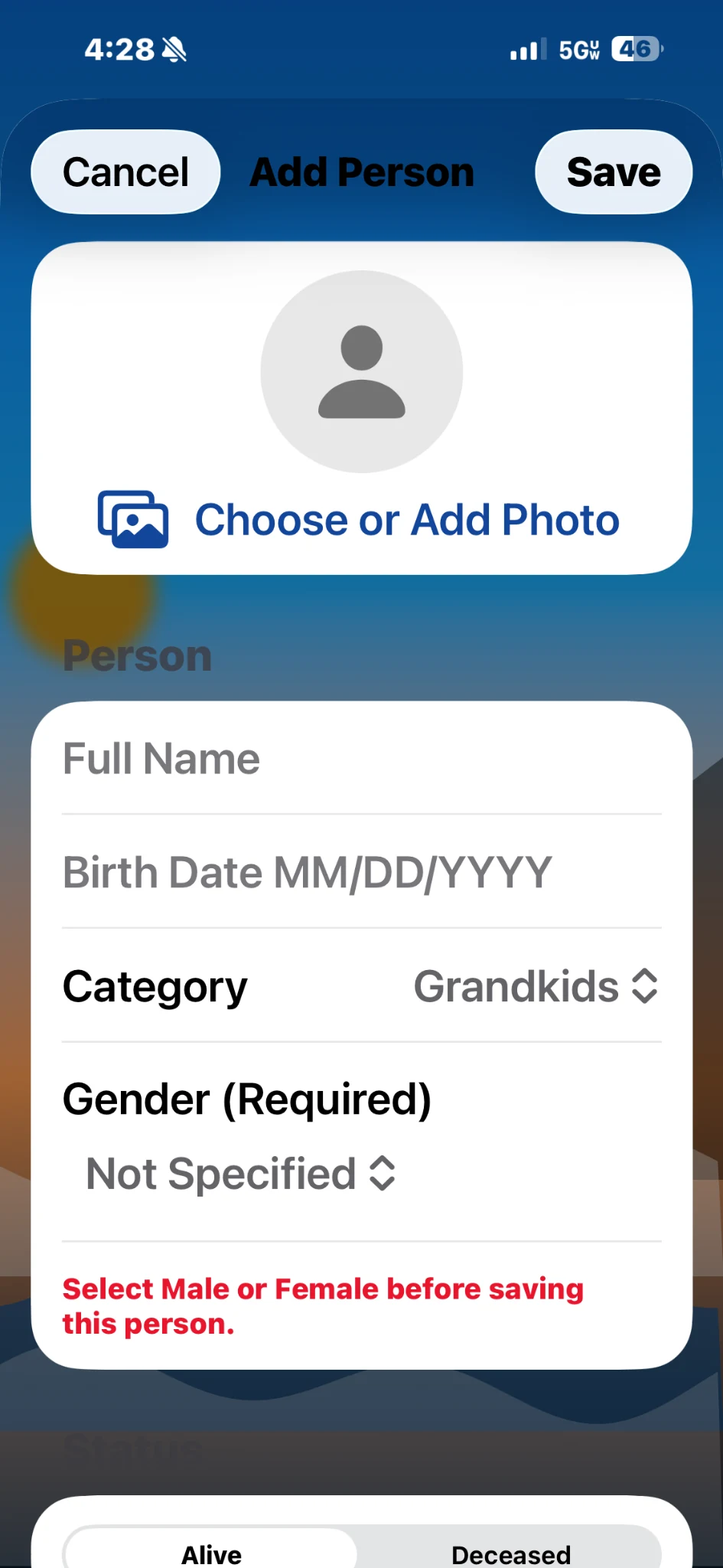 Add a family member screen