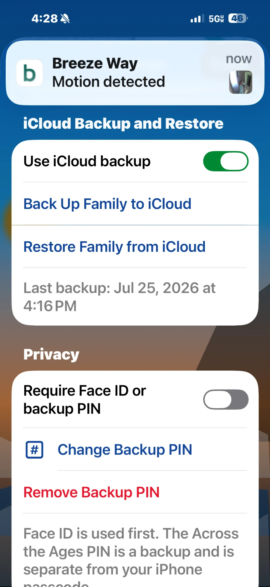 Face ID and iCloud backup settings