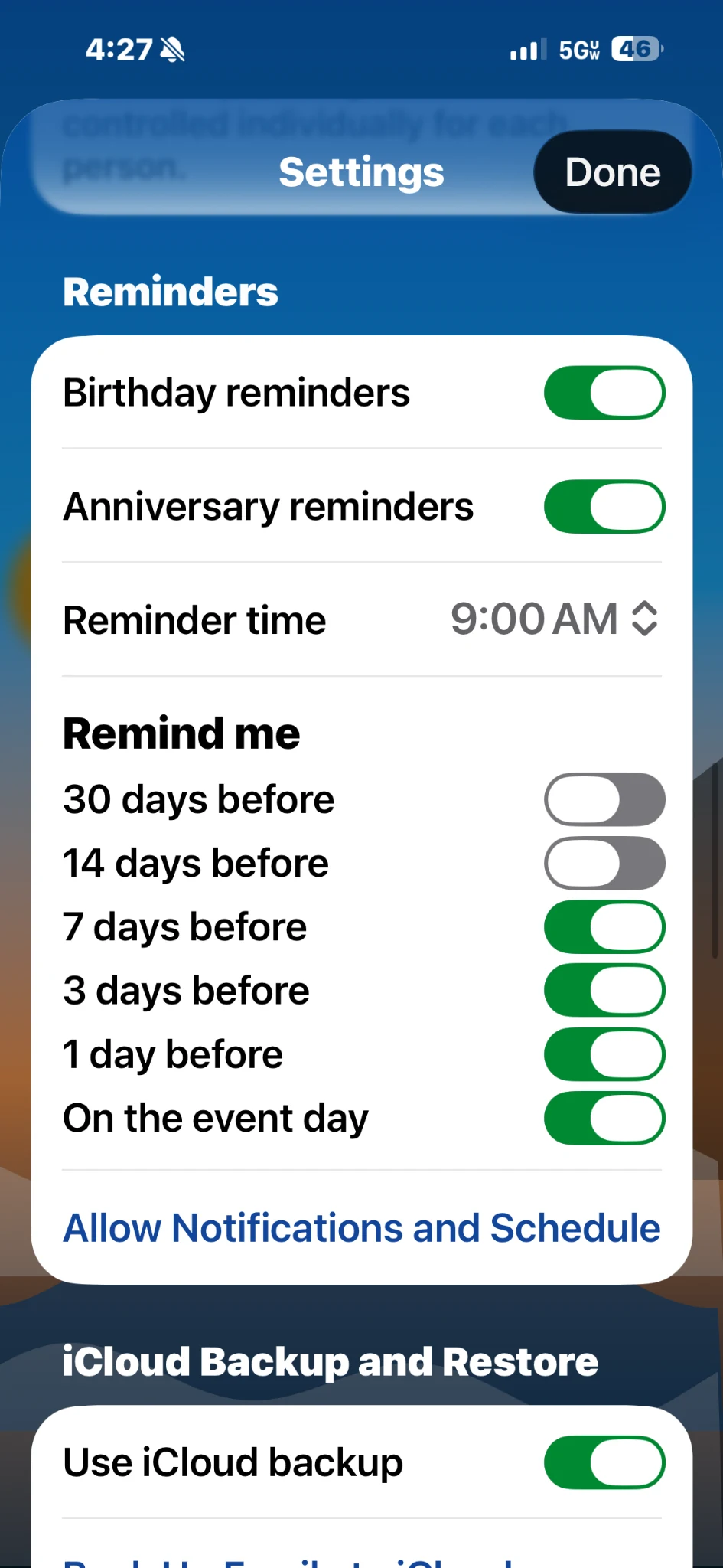 Birthday and anniversary reminder settings