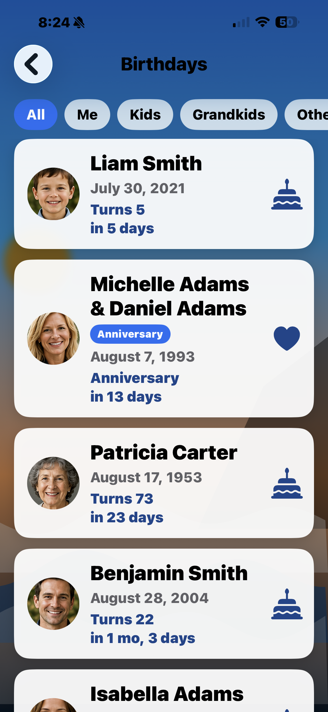 Upcoming Events screen